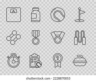 Set line Stopwatch, Stone for curling sport game, Baseball ball, Checklist clipboard and tennis, Bathroom scales, Medal,  and Jump rope icon. Vector