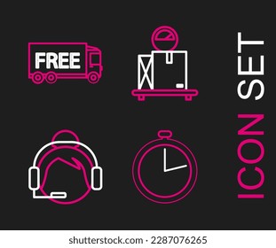 Set line Stopwatch, Support operator in touch, Scale with cardboard box and Free delivery service icon. Vector