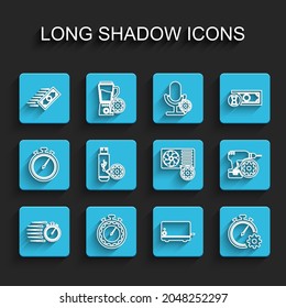 Set line Stopwatch, Time management setting, Fast payments, Toaster, USB flash drive, Drill machine and Air conditioner icon. Vector