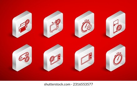 Set line Stopwatch, Tv setting, Time management, Refrigerator, Microwave oven, Printer,  and Gamepad icon. Vector