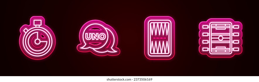 Set line Stopwatch, Uno card game, Backgammon board and Hockey table. Glowing neon icon. Vector