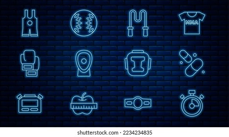 Set line Stopwatch, Vitamin pill, Jump rope, Boxing training paws, glove, Wrestling singlet, helmet and Baseball ball icon. Vector