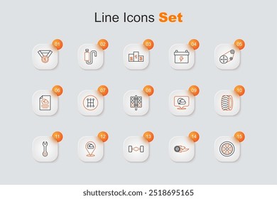 Set line Stopwatch, Wheel in fire flame, Chassis car, Racing helmet, Wrench spanner, Car tire wheel,  and traffic light icon. Vector