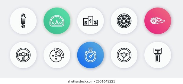 Definir linha cronômetro, Roda em chamas de fogo, Volante de corrida, Liga para carro, Prêmio sobre esportes vencedor pódio, Chave do carro com controle remoto e freio ícone de calibre disco. Vetor