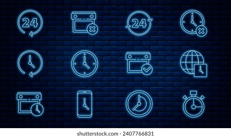 Set line Stopwatch, World time, Clock 24 hours, Calendar with check mark and date delete icon. Vector