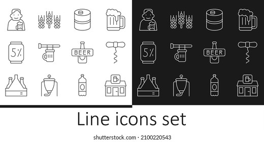 Set line Store building of beer shop, Wine corkscrew, Metal keg, Signboard with glass, Beer can, Happy man, bottle and Wheat icon. Vector