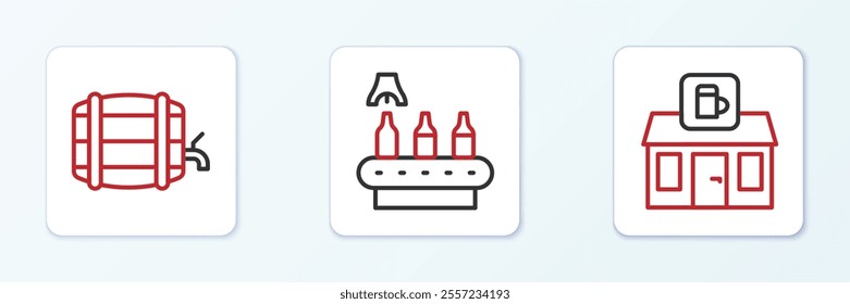 Set line Store building of beer shop, Wooden barrel on rack and Conveyor band, icon. Vector