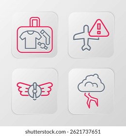 Set line Storm, Aviation emblem, Warning aircraft and Suitcase icon. Vector