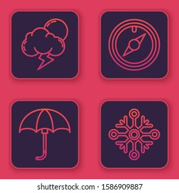 Set line Storm, Classic elegant opened umbrella, Wind rose and Snowflake. Blue square button. Vector