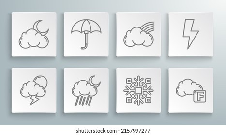 Set line Storm, Classic elegant opened umbrella, Cloud with rain and moon, Snowflake, Fahrenheit cloud, Rainbow clouds, Lightning bolt and stars icon. Vector