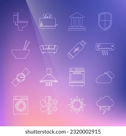 Set line Storm, Cloud, Air conditioner, Bank building, Sofa, Bowl with chopsticks, Toilet bowl and USB flash drive icon. Vector