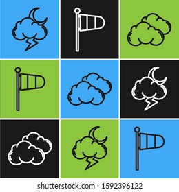 Set line Storm, Cloud and Cone meteorology windsock wind vane icon. Vector
