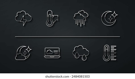 Set line Storm, Cloud with moon, Moon and stars, rain, Weather forecast, Meteorology thermometer,  and  icon. Vector