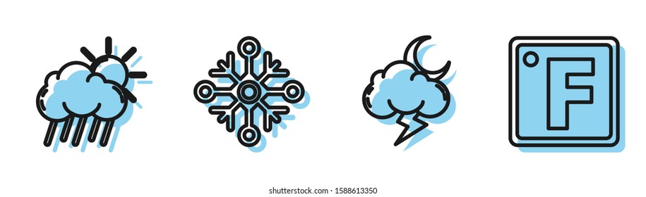 Set line Storm, Cloud with rain and sun, Snowflake and Fahrenheit icon. Vector