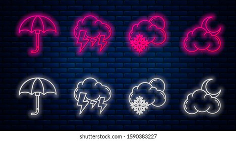 Set line Storm, Cloud with snow and sun, Classic elegant opened umbrella and Cloud with moon and stars. Glowing neon icon on brick wall. Vector