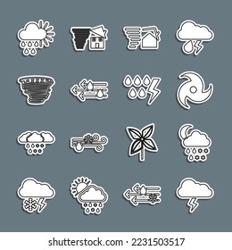 Set line Storm, Cloud with snow, rain, moon, Tornado, swirl, Wind and, Cloudy sun and  icon. Vector
