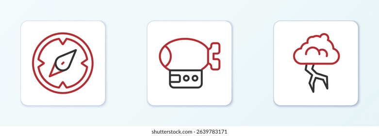 Set line Storm, Compass and Airship icon. Vector