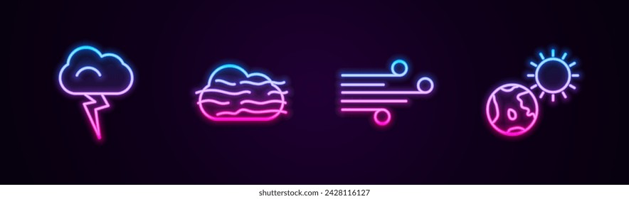 Set line Storm, Fog and cloud, Wind and Earth globe sun. Glowing neon icon. Vector