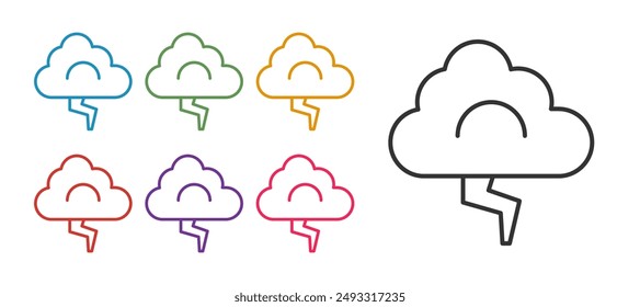 Line Storm Symbol isoliert auf weißem Hintergrund. Wolken und Blitze. Wetter-Ikone des Sturms. Farbige Symbole festlegen. Vektorgrafik