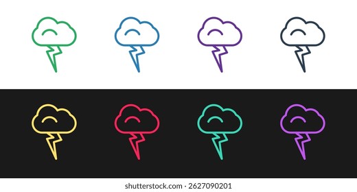 Set line Storm icon isolated on black and white background. Cloud and lightning sign. Weather icon of storm.  Vector Illustration