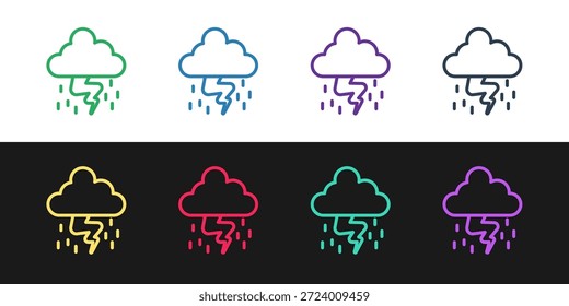 Establecer el icono de la tormenta de línea aislado en el fondo blanco y negro. Nube y signo de relámpago. Icono de Clima de la tormenta.  Vector