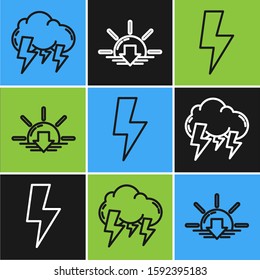 Set line Storm, Lightning bolt and Sunset icon. Vector