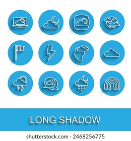 Set line Storm, Location cloud, Weather forecast, Cloud with rain and moon, Rainbow, Lightning bolt,  and Man having headache icon. Vector
