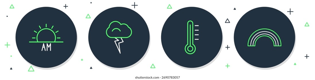 Set line Tormenta, termómetro de meteorología, amanecer y arco iris icono. Vector