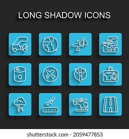 Set line Storm, Plane takeoff, Passenger ladder, Helicopter, Airport runway, Suitcase and propeller icon. Vector