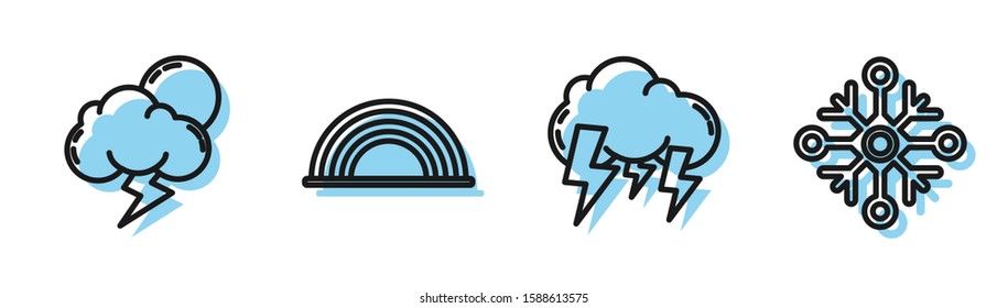 Set line Storm, Storm, Rainbow with clouds and Snowflake icon. Vector