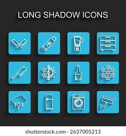 Set line Storm, Refrigerator, Crossed meat chopper, Washer, Security camera, Sun and snowflake, Snowflake and Paint brush icon. Vector