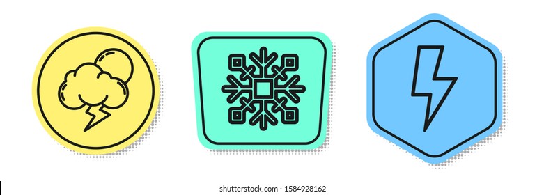 Set line Storm, Snowflake and Lightning bolt. Colored shapes. Vector