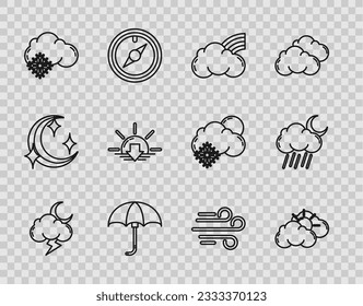 Set line Storm, Sun and cloud weather, Rainbow with clouds, Classic elegant opened umbrella, Cloud snow, Sunset, Wind and rain moon icon. Vector