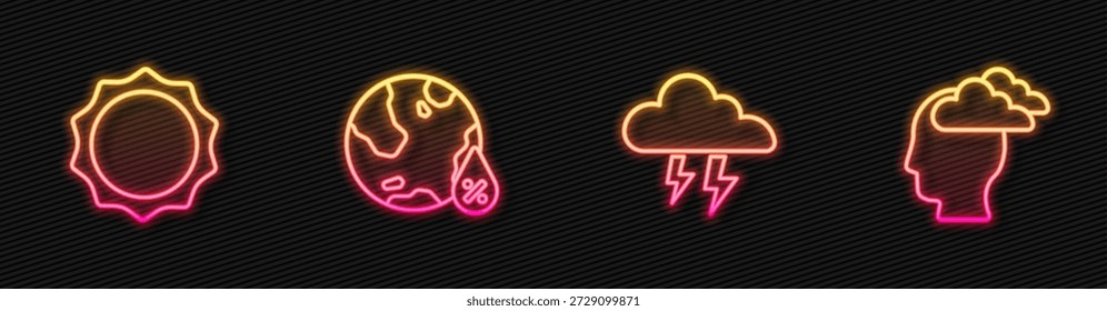 Definir a linha Tempestade, Sol, Percentagem de queda de água e Dor de cabeça do homem. Ícone de néon brilhante. Vetor