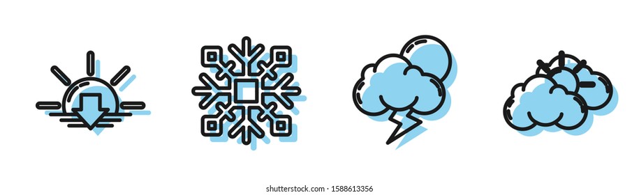 Set line Storm, Sunset, Snowflake and Sun and cloud weather icon. Vector