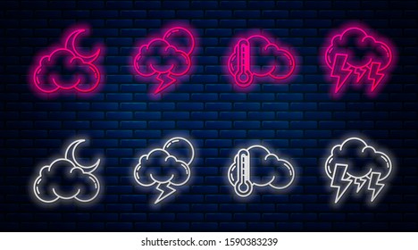 Set line Storm, Thermometer and cloud, Cloud with moon and stars and Storm. Glowing neon icon on brick wall. Vector