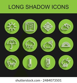 Set line Storm, Thermometer, Sun, Cloud with rain and moon, Rainbow clouds and  icon. Vector