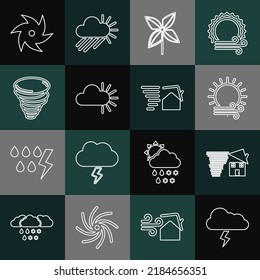 Set line Storm, Tornado swirl, Wind and sun, Pinwheel, Cloudy,  and  icon. Vector