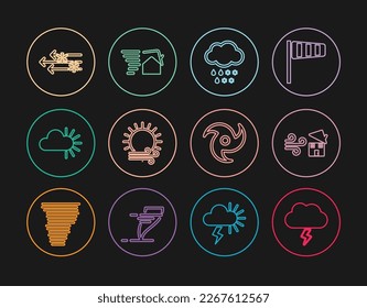 Fijar la línea Storm, el torrente Tornado, Nube con nieve y lluvia, Sol Viento, Nublado e ícono. Vector