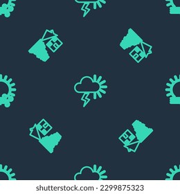 Set line Storm, Tornado swirl and Wind and sun on seamless pattern. Vector