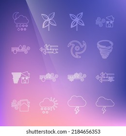 Set line Storm, Wind and rain with snow, Tornado, Pinwheel, Cloud rain, moon and  icon. Vector