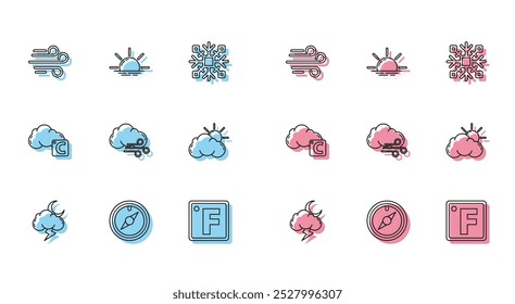 Set line Storm, Wind rose, Fahrenheit, Windy weather, Sun and cloud, Celsius and Sunrise icon. Vector