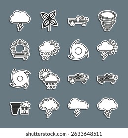 Set line Storm, Wind and snow, rain, Cloudy with sun,  and Tornado icon. Vector