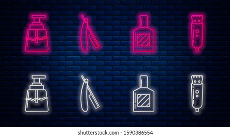 Set line Straight razor, Aftershave, Aftershave and Electrical hair clipper or shaver. Glowing neon icon on brick wall. Vector