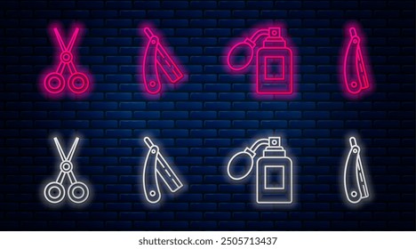 Set line Straight razor, Aftershave bottle with atomizer, Scissors hairdresser and Straight razor. Glowing neon icon on brick wall. Vector