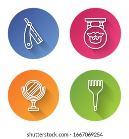 Set line Straight razor, Barbershop, Round makeup mirror and Hairbrush. Color circle button. Vector