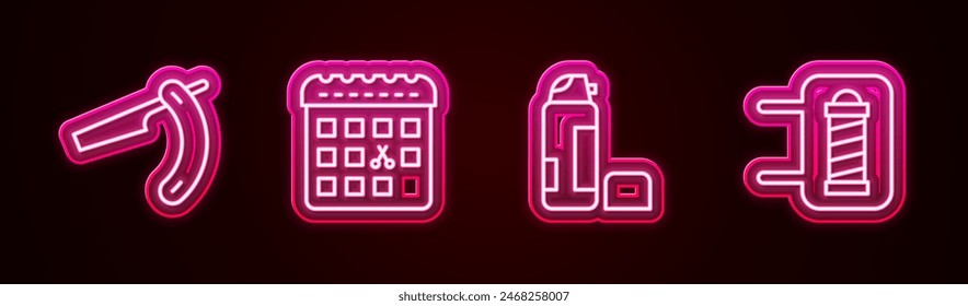 Set line Straight razor, Calendar with haircut day, Shaving gel foam and Barber shop pole. Glowing neon icon. Vector