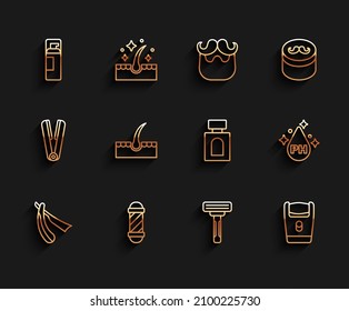 Set line Straight razor, Classic Barber shop pole, Shaving gel foam, Electric blade, Human hair follicle, Oil for care treatment and Aftershave icon. Vector