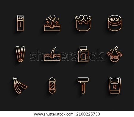 Set line Straight razor, Classic Barber shop pole, Shaving gel foam, Electric blade, Human hair follicle, Oil for care treatment and Aftershave icon. Vector