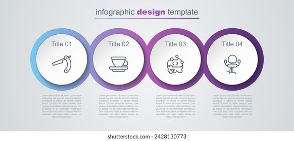 Set line Straight razor, Coffee cup, Bar soap with foam and Barbershop chair. Business infographic template. Vector